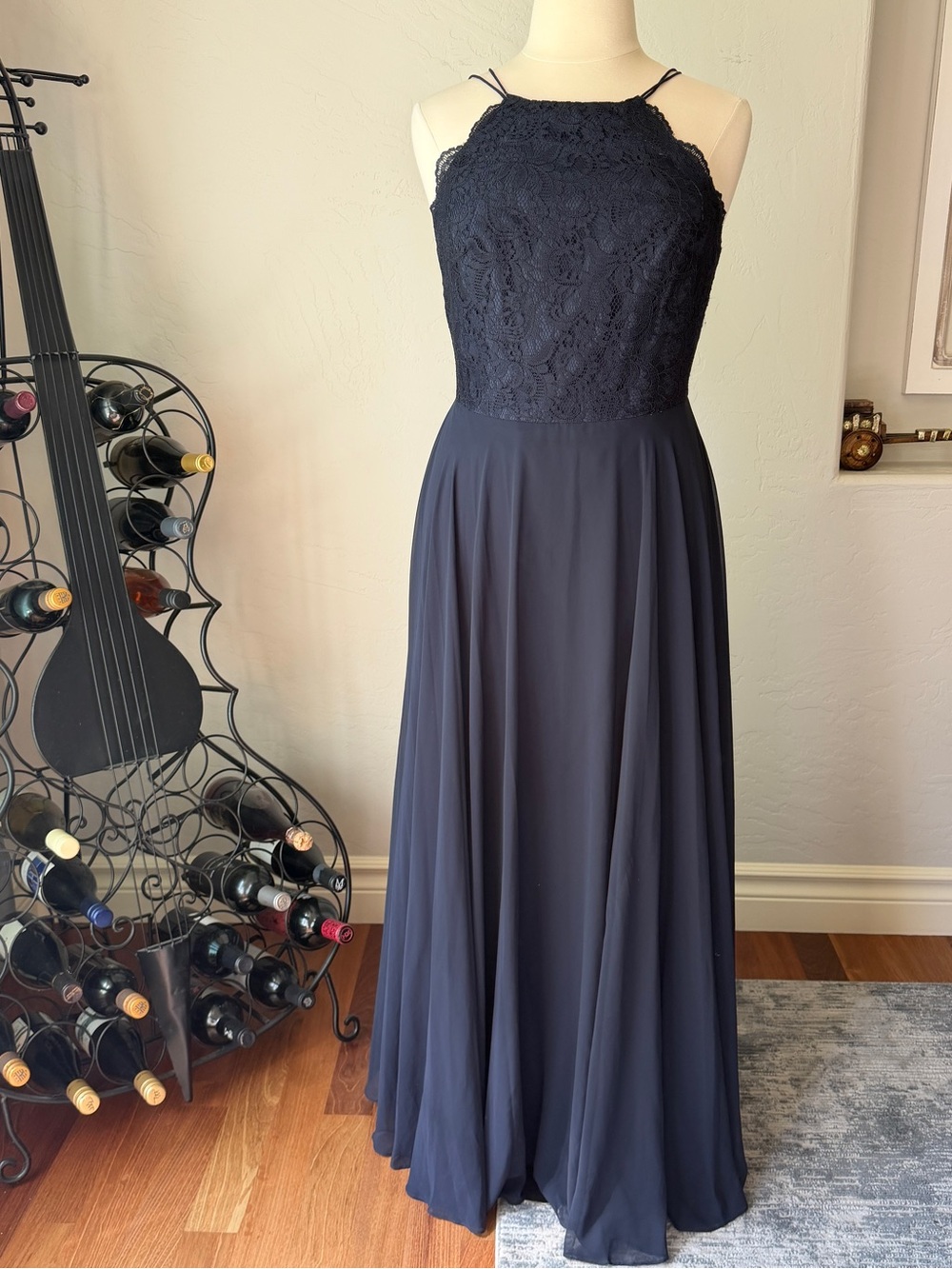 Dessy‎ Collection Women's Navy Lace Chiffon Halter Evening Dress Size 16